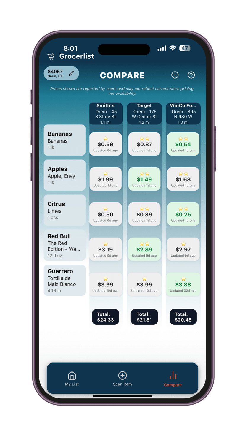 Grocerlist app comparison screen