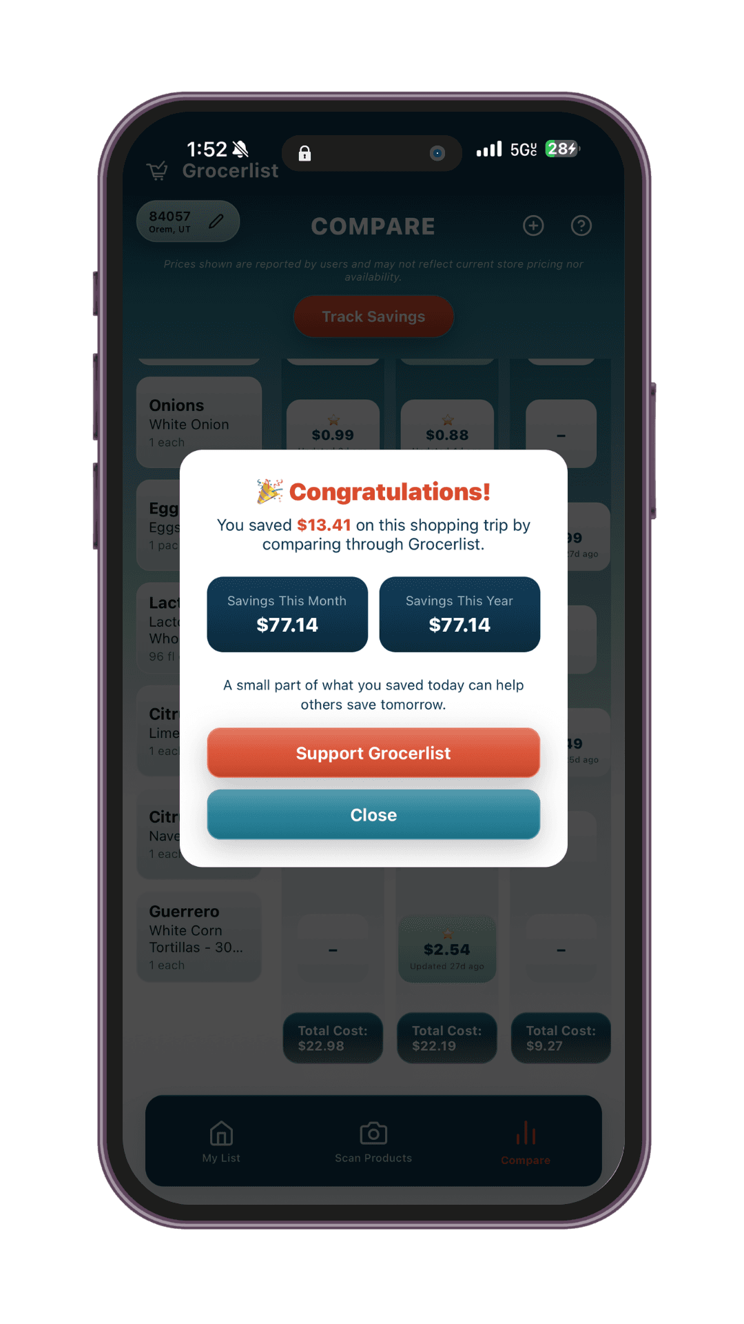 Savings summary screen